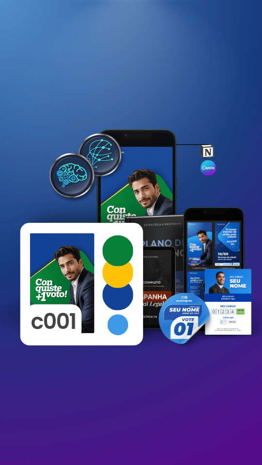 Pack Campanha Politica Eleitoral Completo Artes Design no Canva e Segundo Cerebro Notion Para Candidatos Eleitorais e Políticos Verde Azul e Amarelo